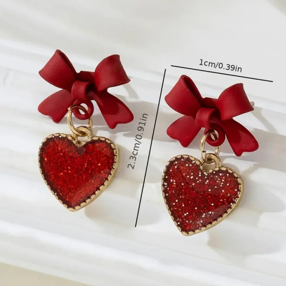 Red Heart & Bow Earrings Sparkling Alloy Gold Plated‎